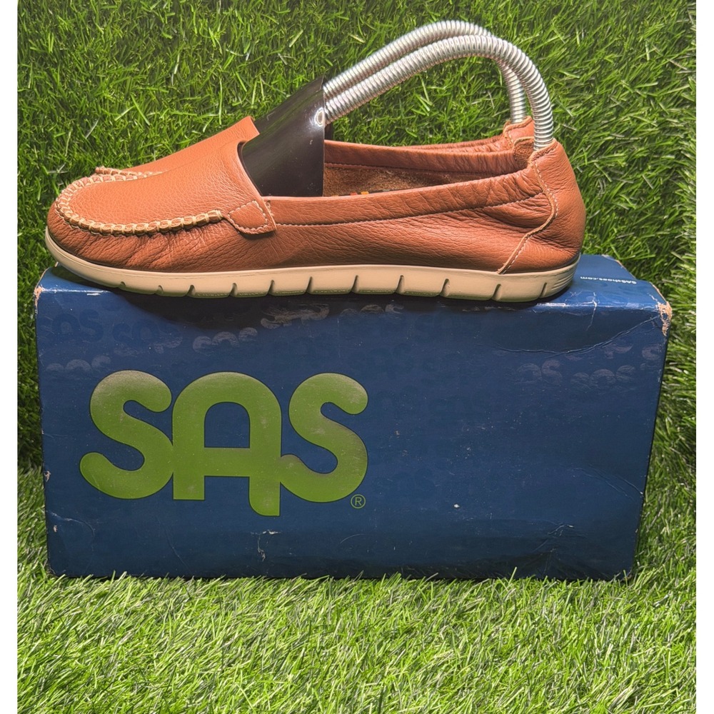 SAS Sunny Pecan Brown Leather Loafers Womens 8.5 N Narrow Slip On Flats USA Made